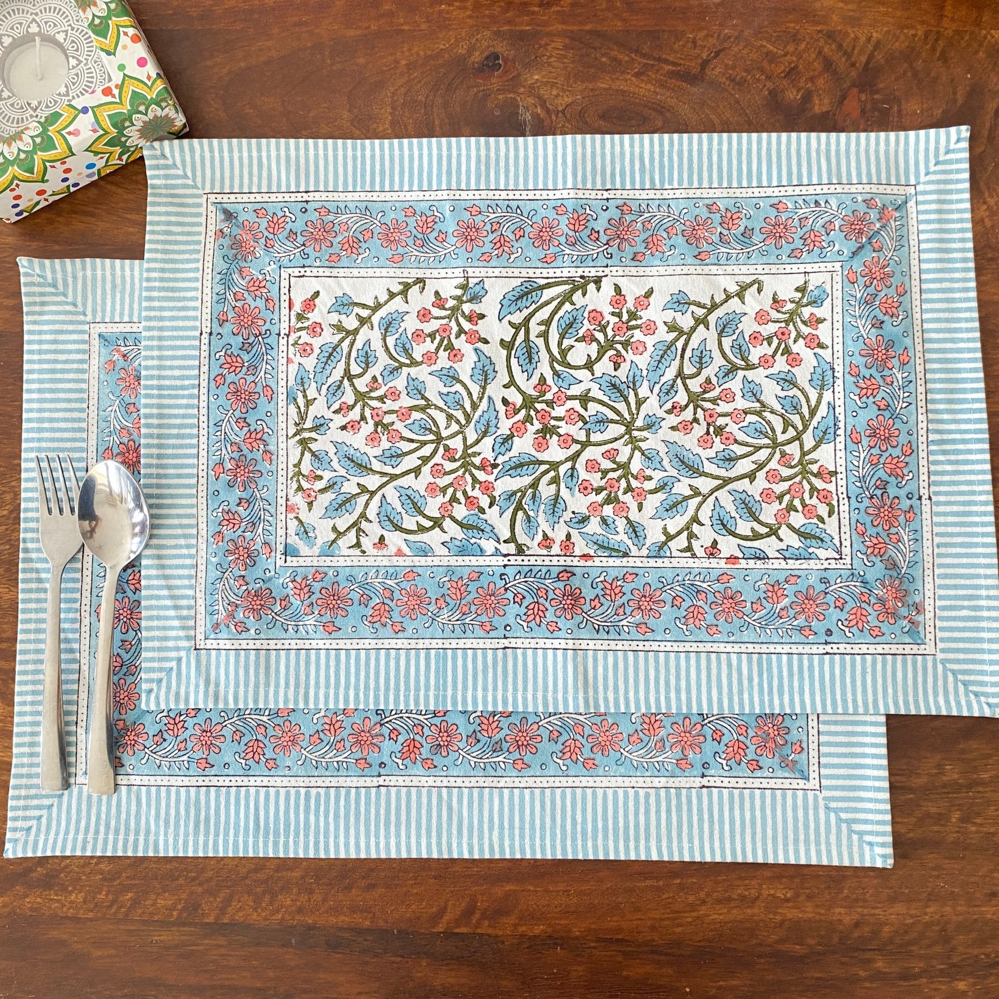 Bel Hand Block Print Placemats, 12" x 18", Set of 6 - Coral Slub -